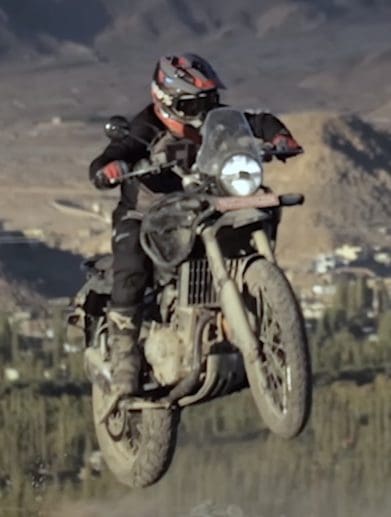 A view of Royal Enfield's Himalayan 450. Media provided by Royal Enfield's coverage in their "Final Test" of the thing (Youtube).