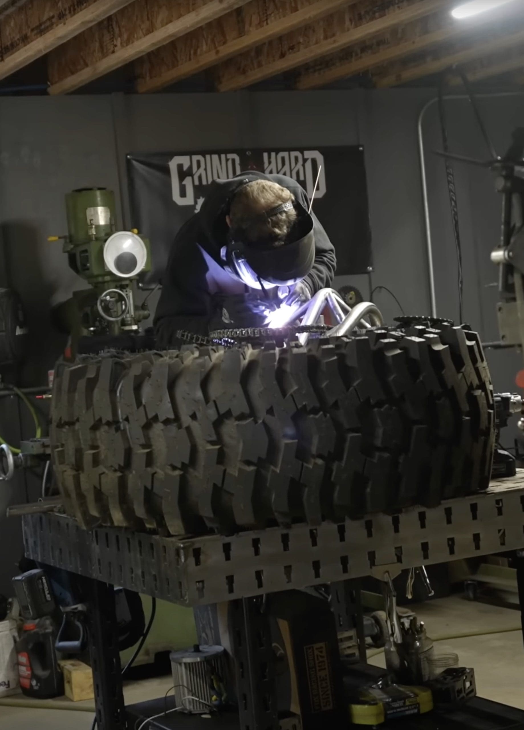 The Grind Hard Plumbing Company getting to work on a custom projecct they've lovingly coined "Monster Chopper" - fitting, considering the 46" rolling duties. Media provided by Youtube.