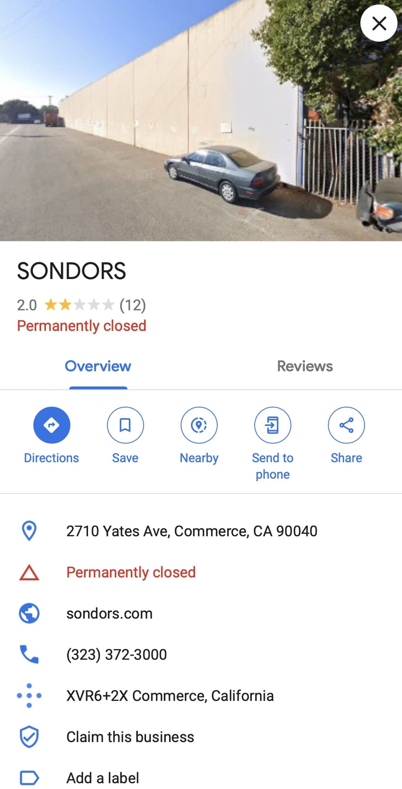 A view of Google Maps showing the SONDORS headquarters now permanently closed. Media sourced from Google Maps.