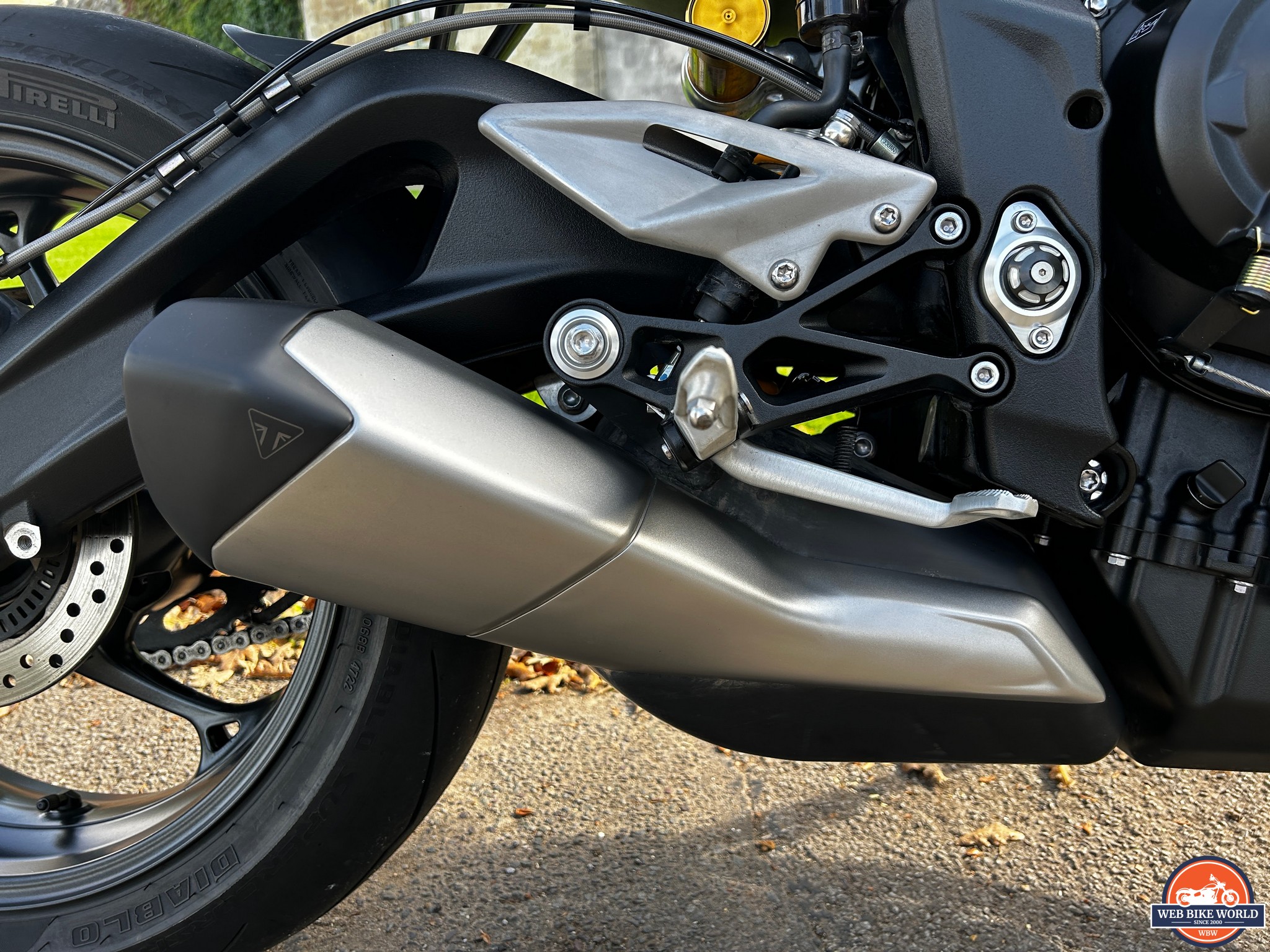 Closeup of the exhaust on the 2023 Triumph Street Triple 765RS