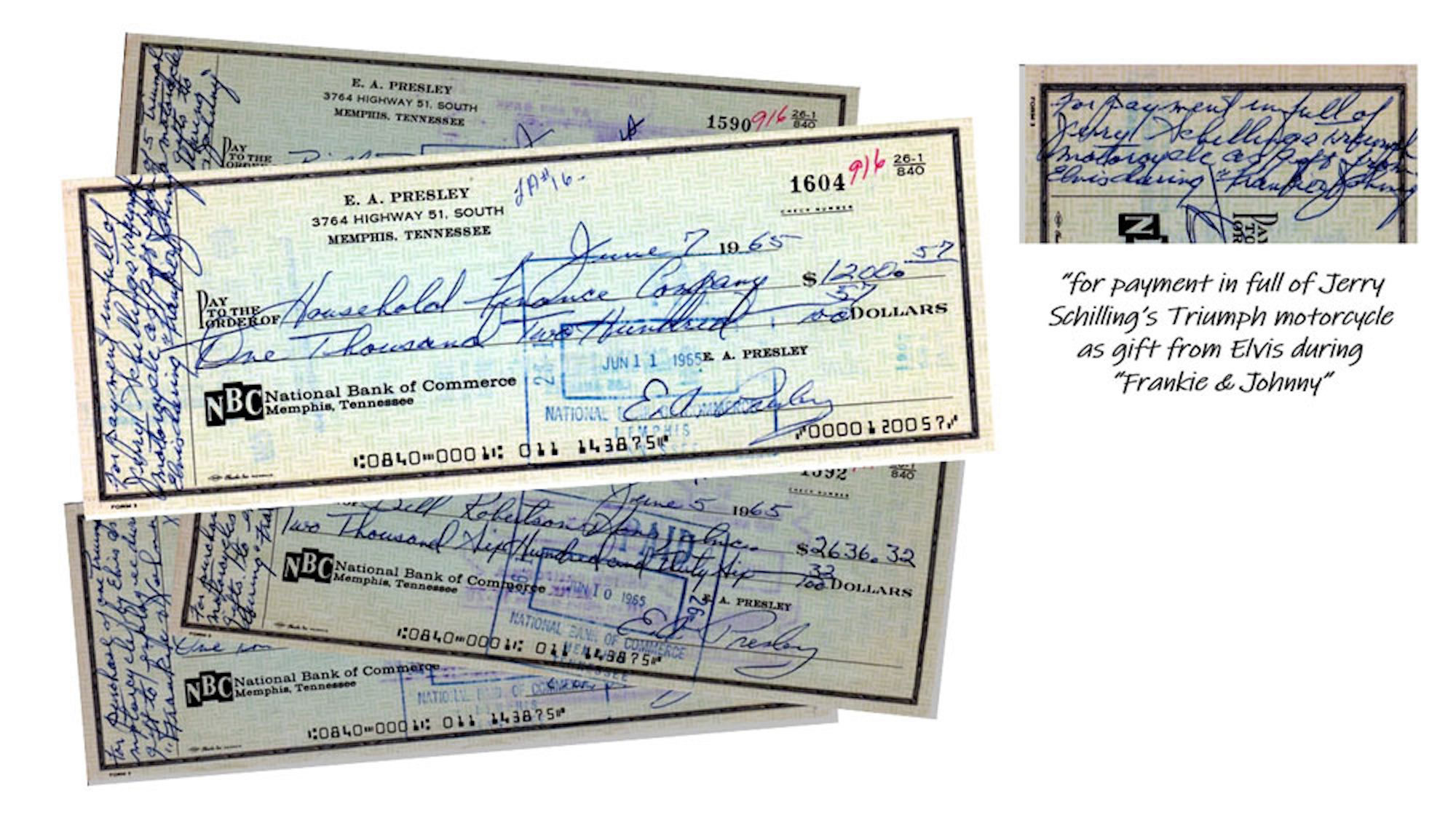 The original cheques that were found, proving that Elvis Presley bought nine Triumph motorcycles for his friends in the year 1965. Media provided by Triumph.