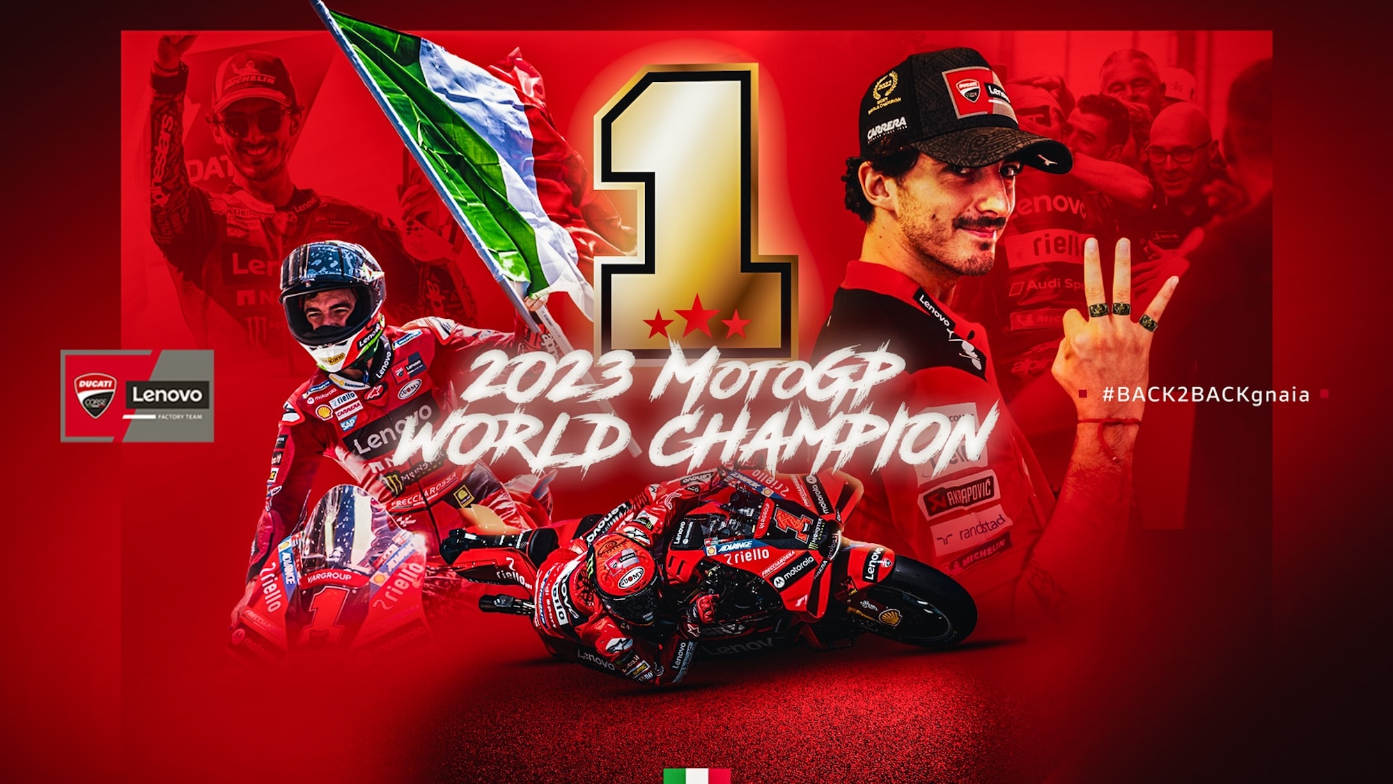 Francesco "Pecco" Bagnaia in the winning of MotoGP 2023. Media provided by Ducati.