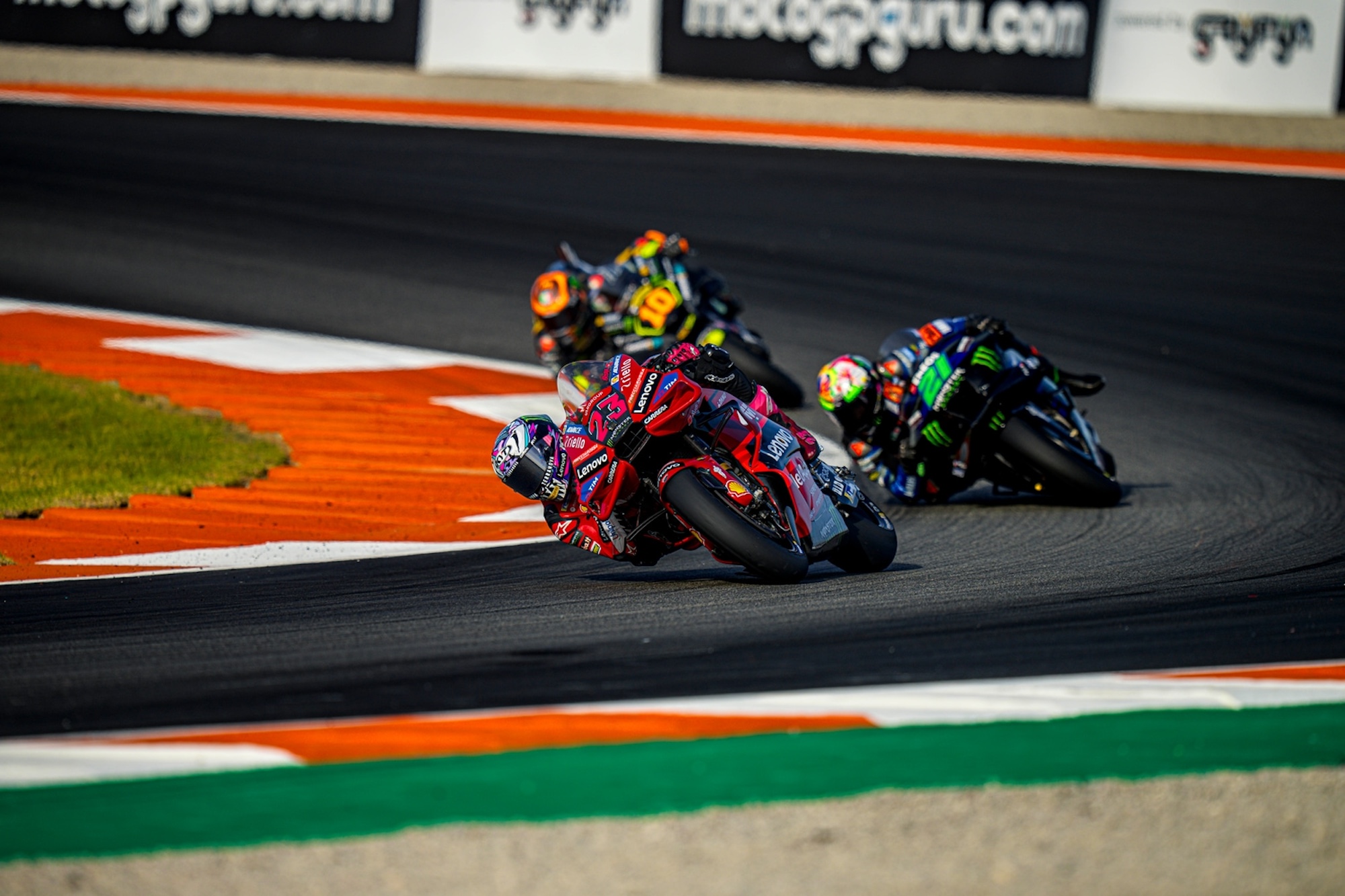 A view of the MotoGP track with Francesco "Pecco" Bagnaia at the front. Media provided by Ducati.