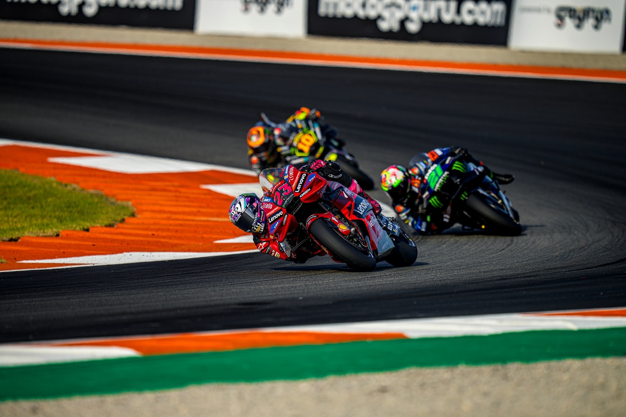 A view of the MotoGP track with Francesco "Pecco" Bagnaia at the front. Media provided by Ducati.