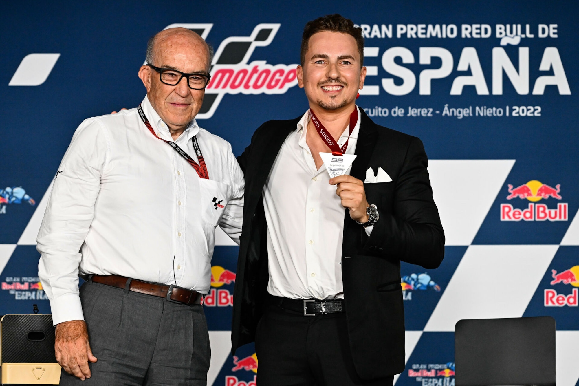 Jorge Lorenzo (right) with Dorna CEO Carmelo Ezpeleta (left) during Lorenzo's induction into the MotoGP Legends at Jerez. Media courtesy of Dorna, provided by Roadracing World.