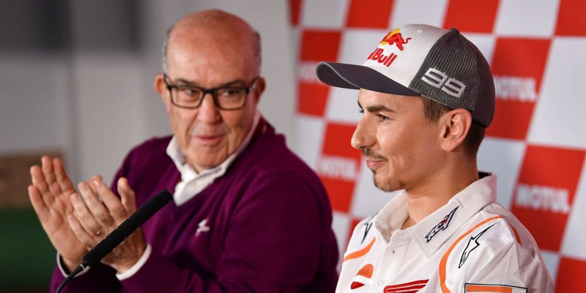 Jorge Lorenzo (right) with Dorna CEO Carmelo Ezpeleta (left) at a press conference in Valencia in November 2019. Photo courtesy of Dorna, Media provided by Roadracing World.