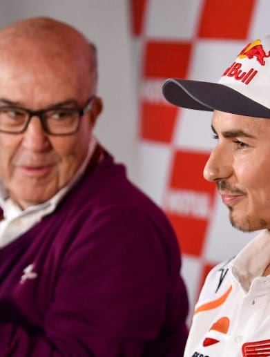 Jorge Lorenzo (right) with Dorna CEO Carmelo Ezpeleta (left) at a press conference in Valencia in November 2019. Photo courtesy of Dorna, Media provided by Roadracing World.