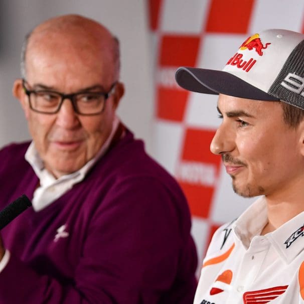 Jorge Lorenzo (right) with Dorna CEO Carmelo Ezpeleta (left) at a press conference in Valencia in November 2019. Photo courtesy of Dorna, Media provided by Roadracing World.