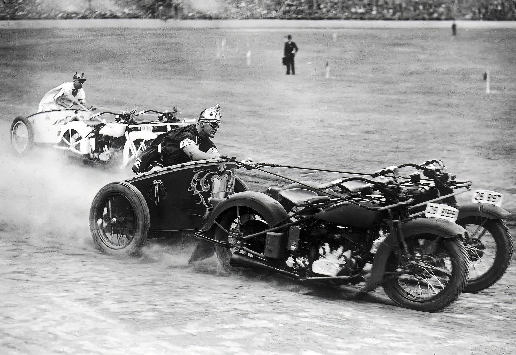 A view of the motorcycle chariot races prevalent in the earlier years of the 20th century. Media provided by Wikipedia. 