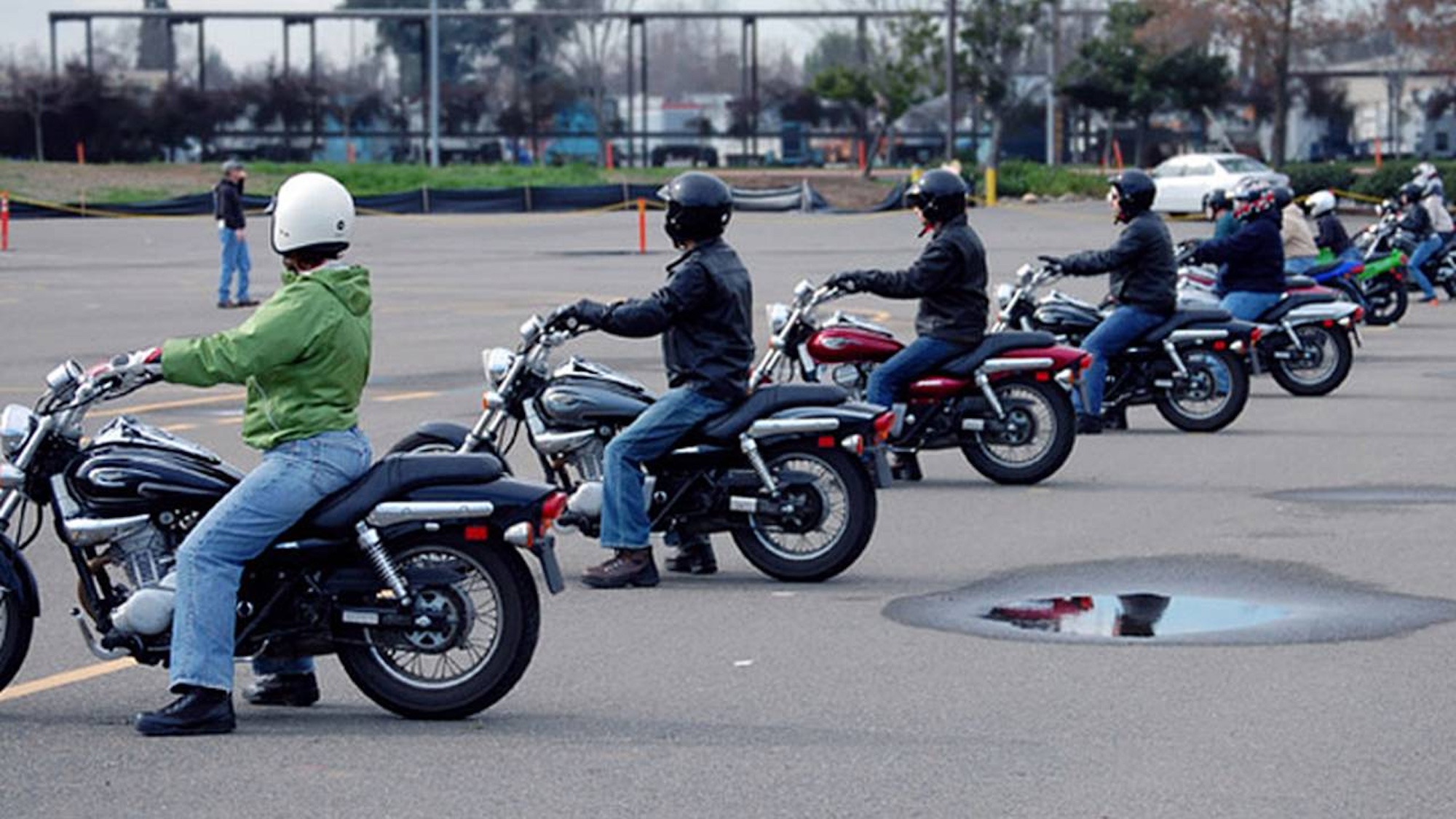A view of a motorcycle training class. Media provided by RideApart.