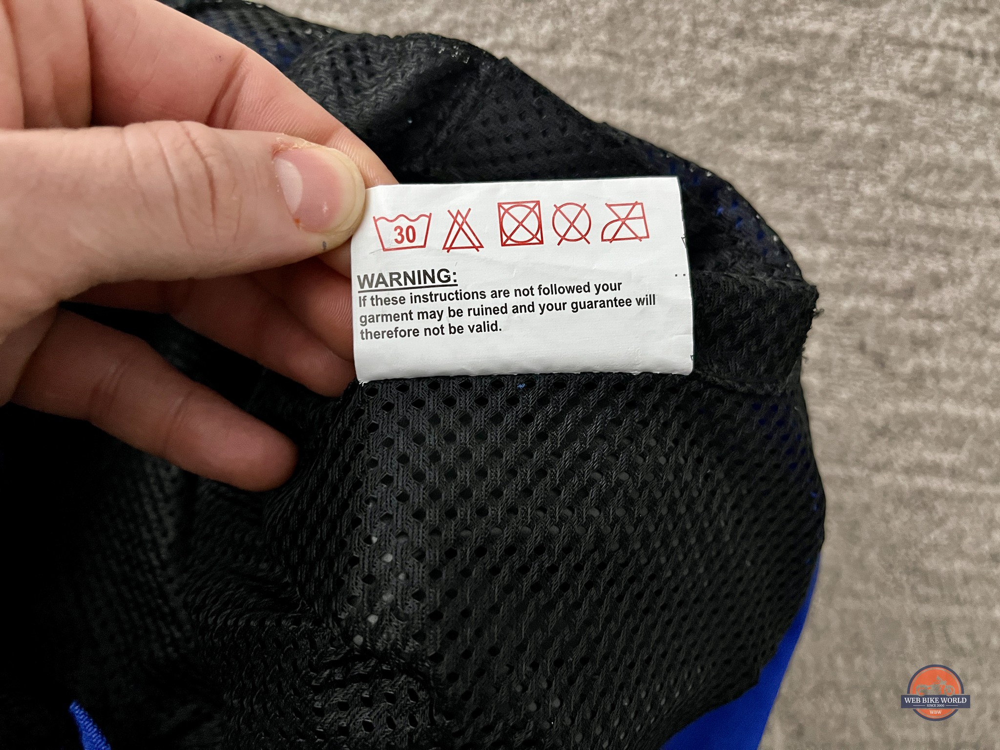 Washing instructions tag on the Raven Rova Falcon Textile Pants