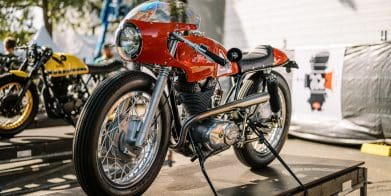 A Ducati SCrambler Custom on display at Sydney's 2023 Throttle Roll motorcycles show.