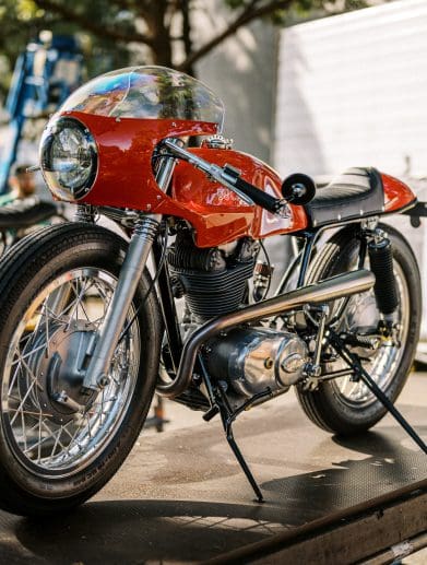 A Ducati SCrambler Custom on display at Sydney's 2023 Throttle Roll motorcycles show.