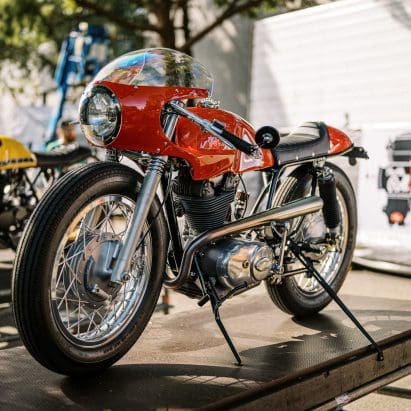 A Ducati SCrambler Custom on display at Sydney's 2023 Throttle Roll motorcycles show.