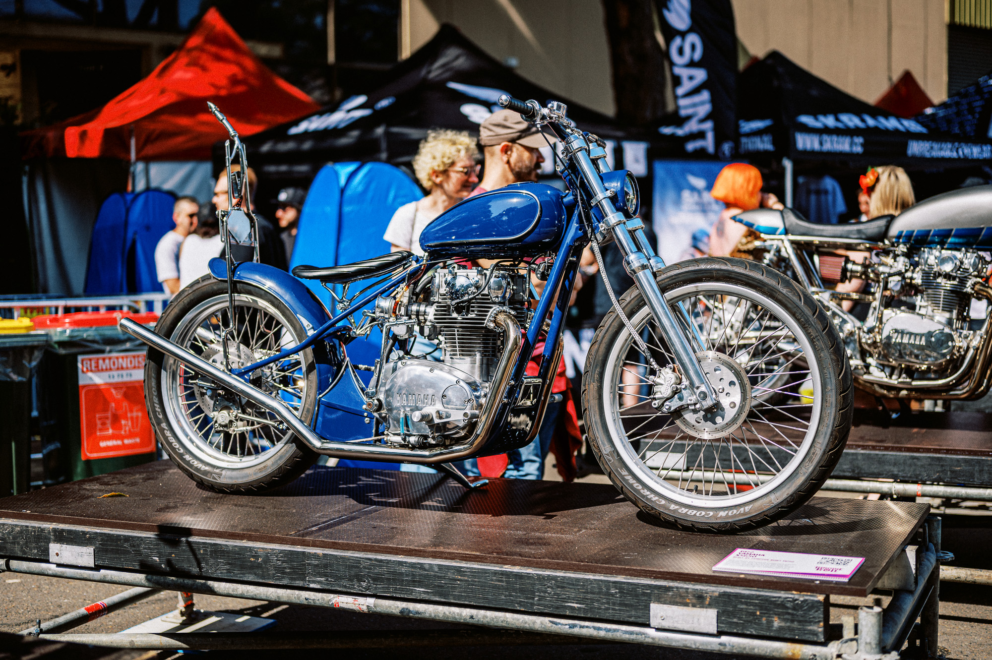 A Yamaha XS650 chopper custom on display at Sydney's 2023 Throttle Roll motorcycles show.