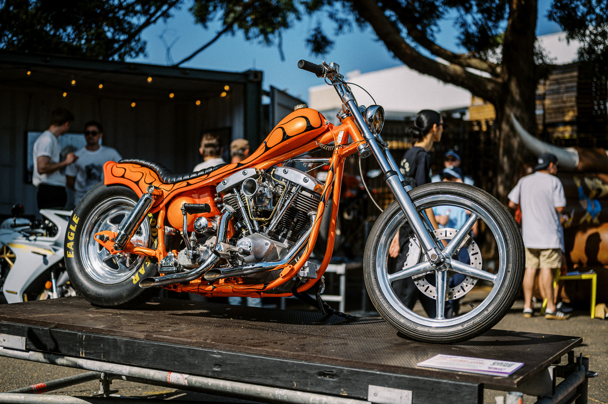 A Harley Chopper Custom on display at Sydney's 2023 Throttle Roll motorcycles show.