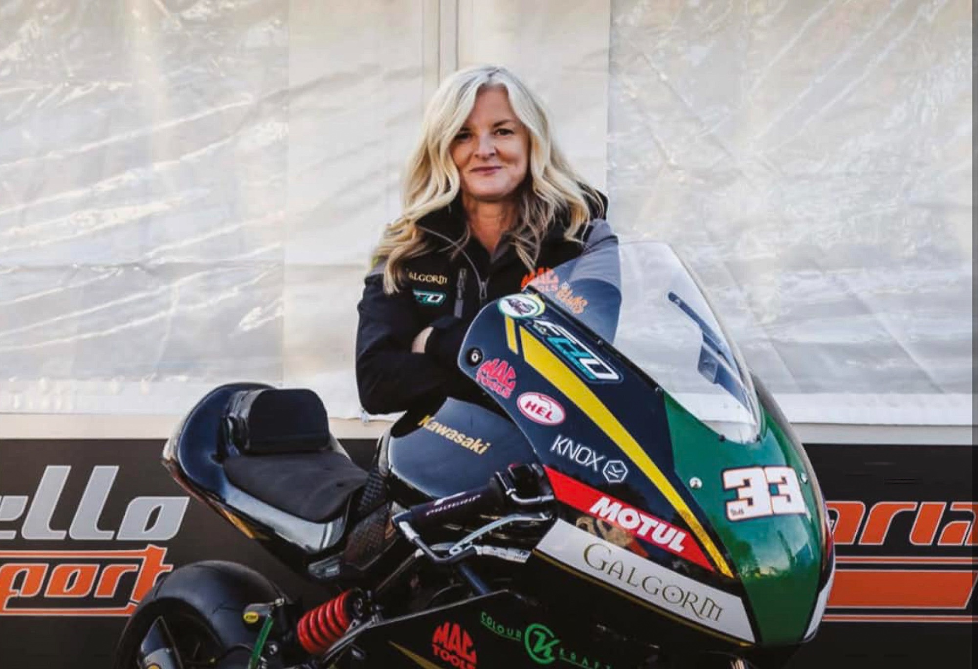 Maria Costello, UK motorcycle racing icon, MBE. Media sourced from Costello's Facebook page.