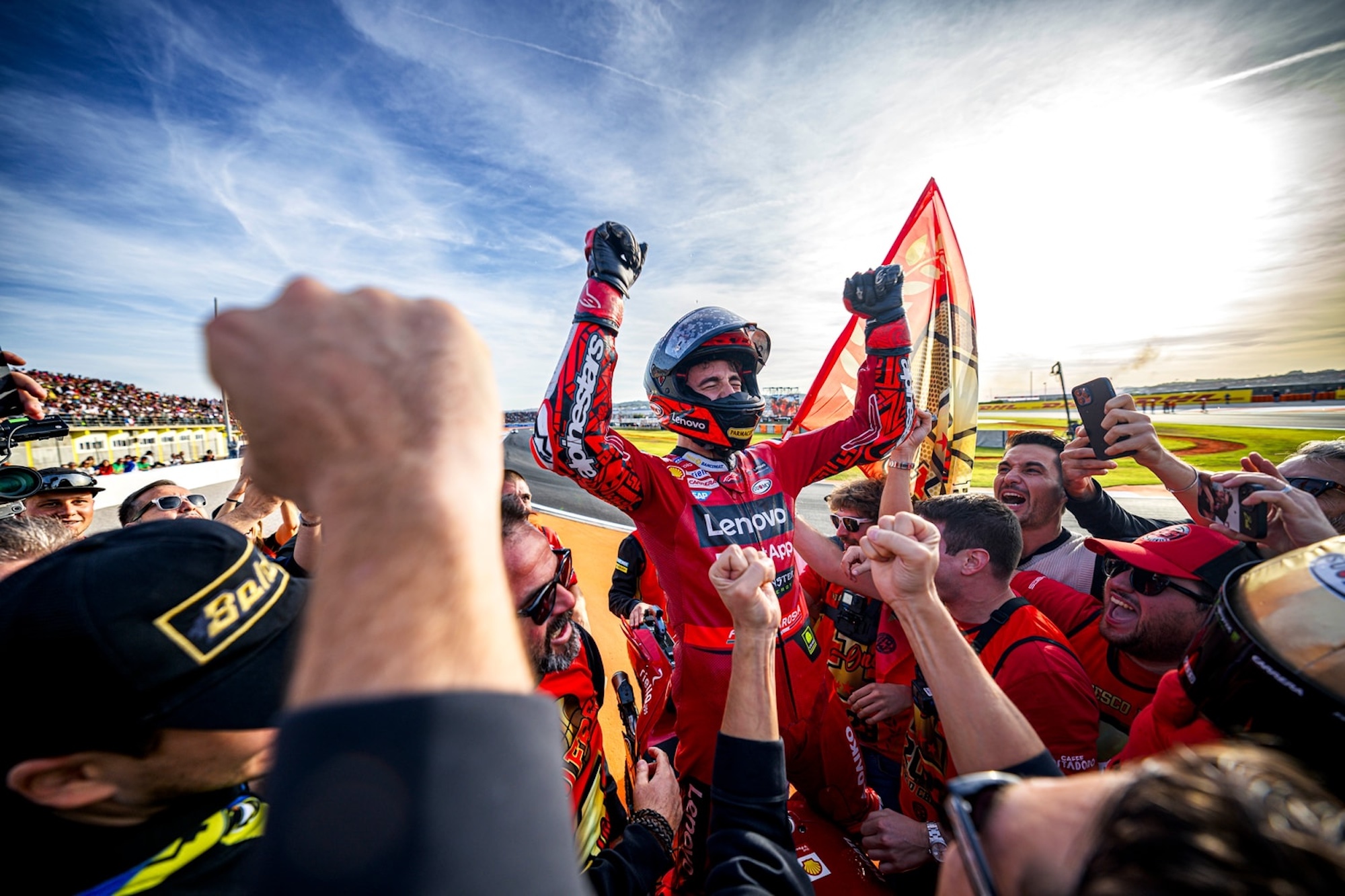 Francesco Pecco Bagnaia after winning the 2023 MotoGP Championship. Media provided by Ducati.