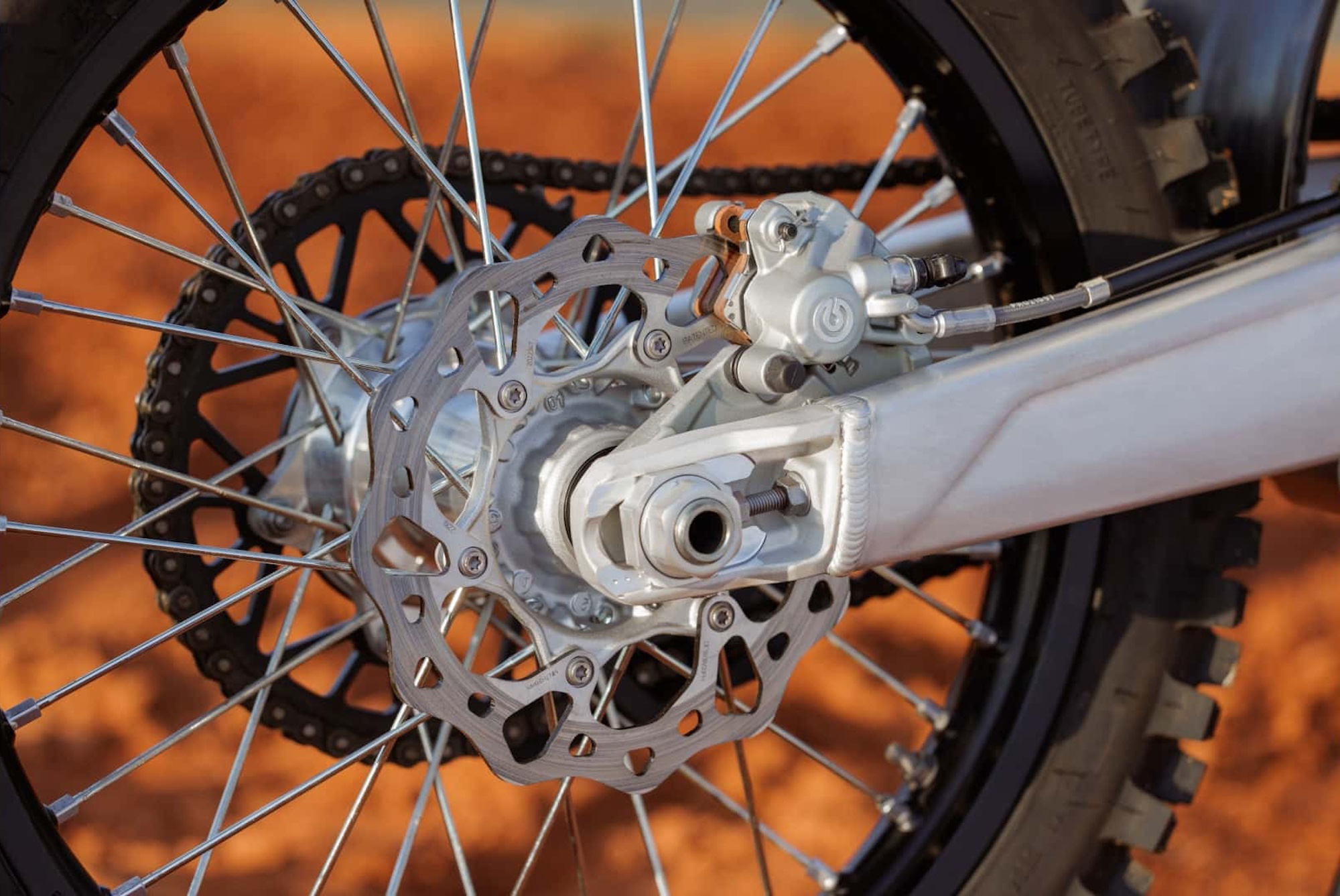 Rear side view of a motocross wheel.
