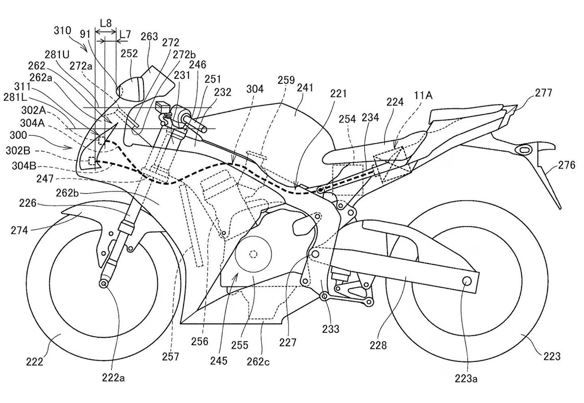 Yamaha patent blueprint showing side profile of a Yamaha motorcycle.
