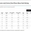 Size chart for the Sedici Corsa 1 piece race suit