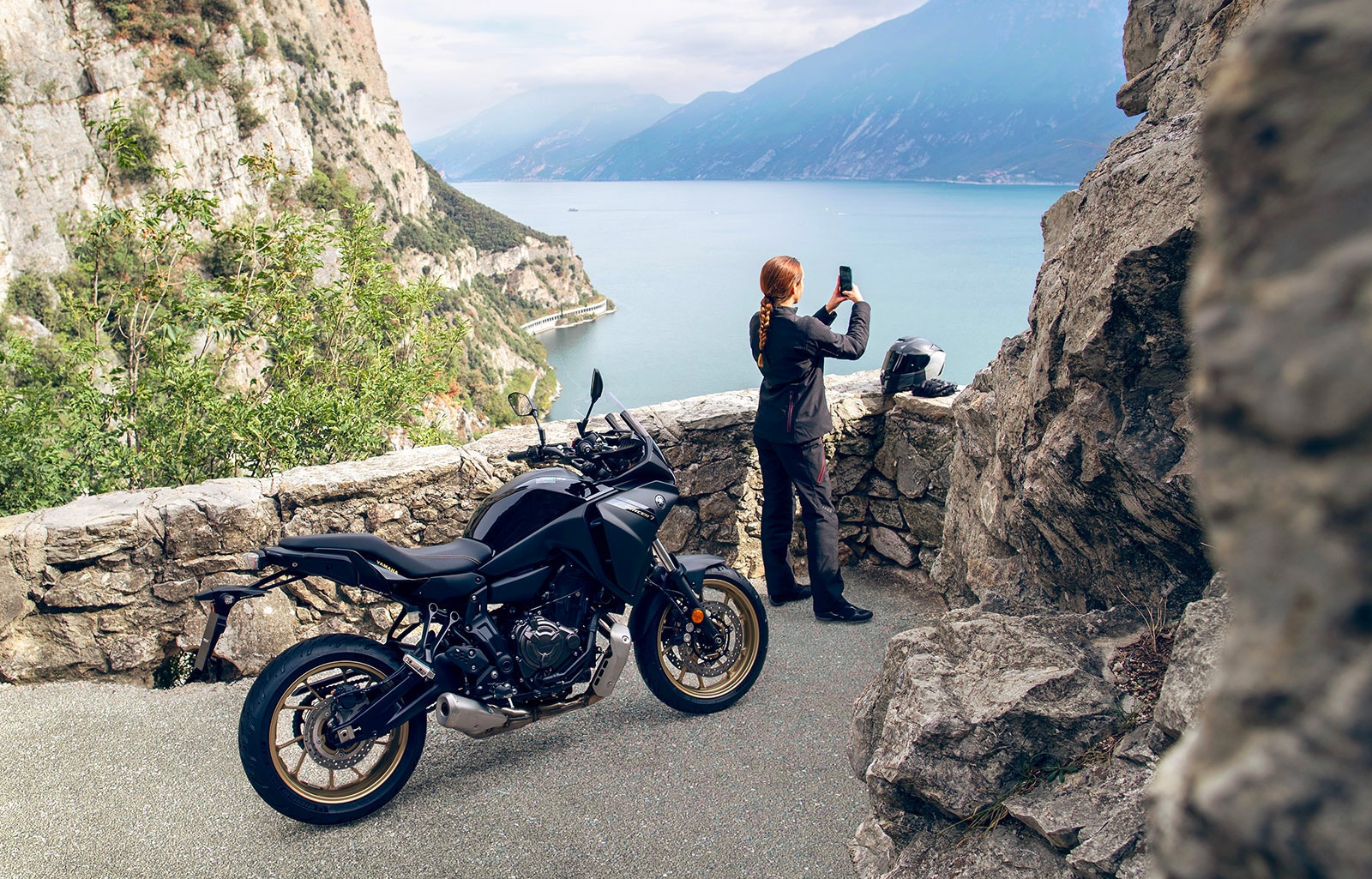 the 2023 Yamaha Tracer 7 Motorcycle at Lake Como