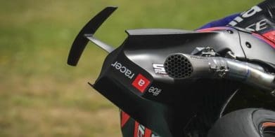 A close-up of the rear spoiler Aprilia's motorcycle showed off on the MotoGP circuit.