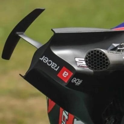 A close-up of the rear spoiler Aprilia's motorcycle showed off on the MotoGP circuit.