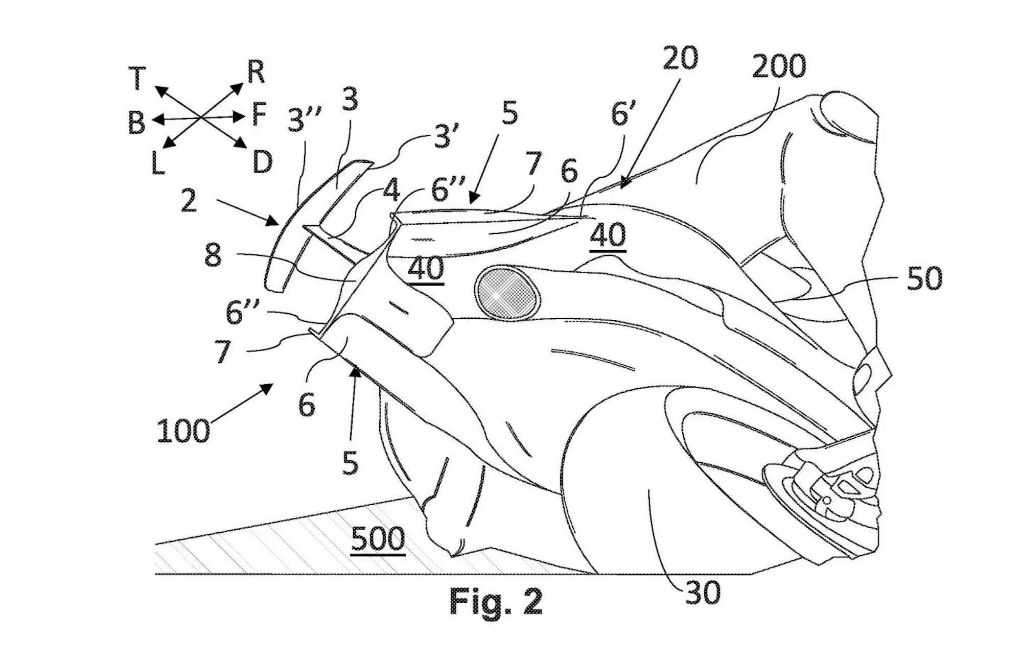 A patent image showing anatomy and uses of a rear spoiler on an Aprilia motorcycle.