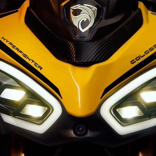 A frontal close-up of an electric motorcycle called the Hyperfighter.