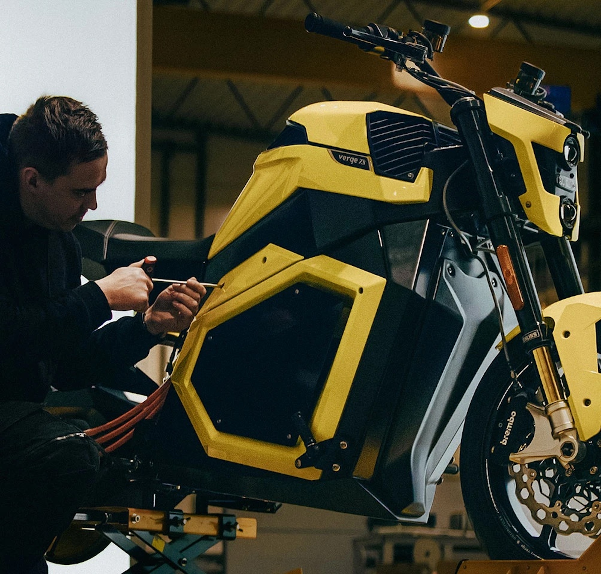 A view of an electric motorcycle from Verge Motorcycles.