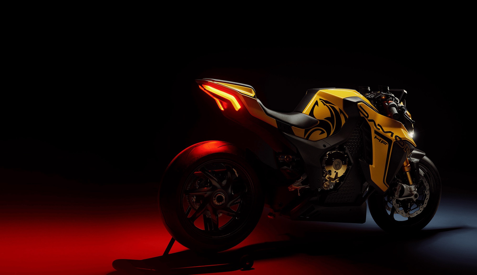 A rear-quarter view of an electric motorcycle called the Hyperfighter.