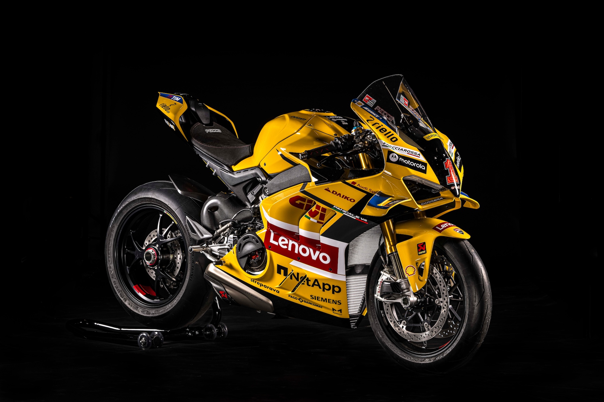 A view of the Panigale V4 Bagnaia 2023 World Champion Replica motorcycle.
