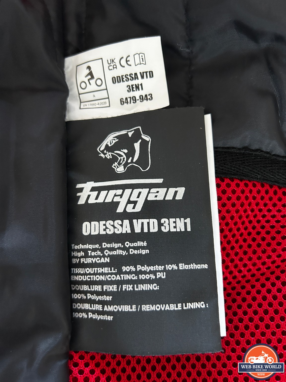 Materials tag on the Furygan Odessa Jacket