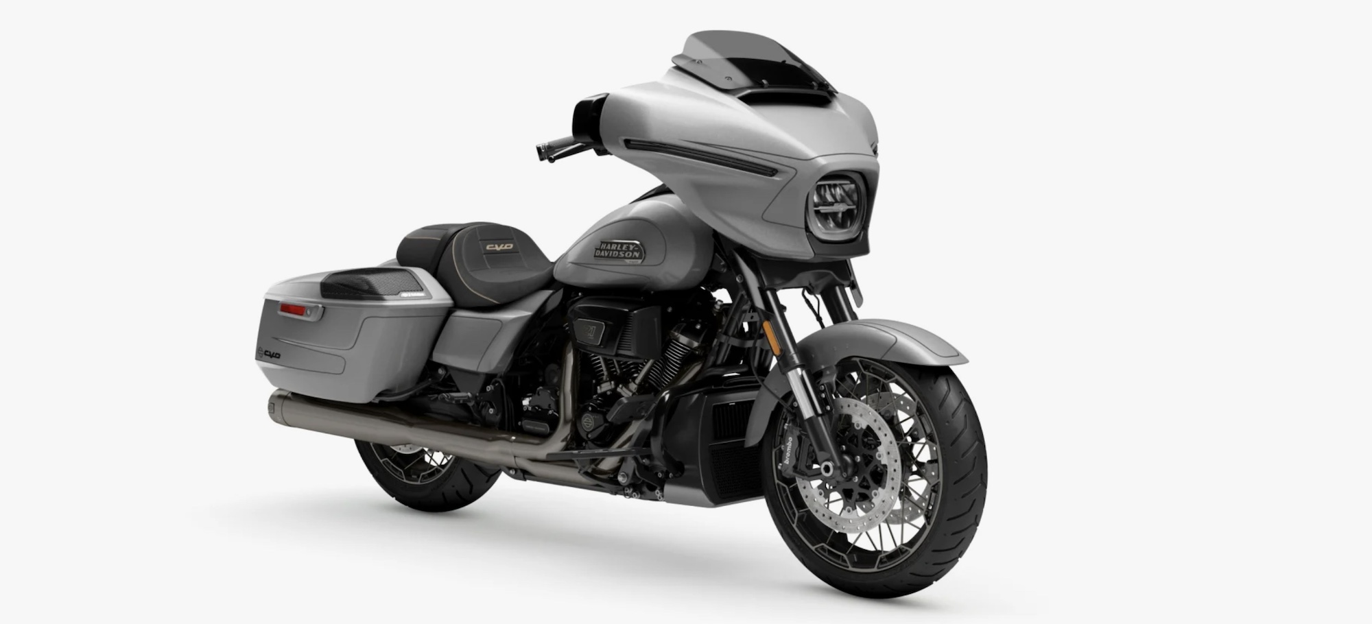 A front quarter view of Harley-Davidson’s 2023 Street Glide CVO motorcycle.