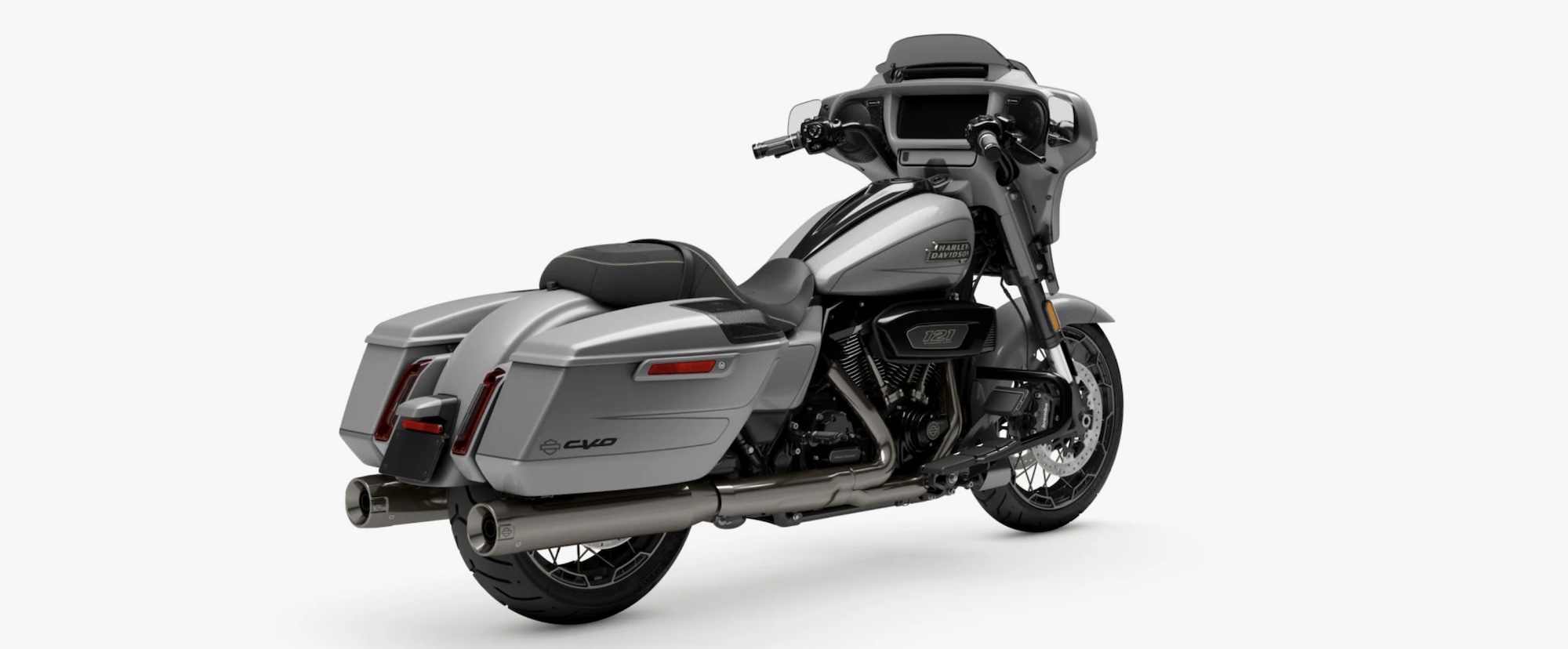 A back quarter view of Harley-Davidson’s 2023 Street Glide CVO motorcycle.