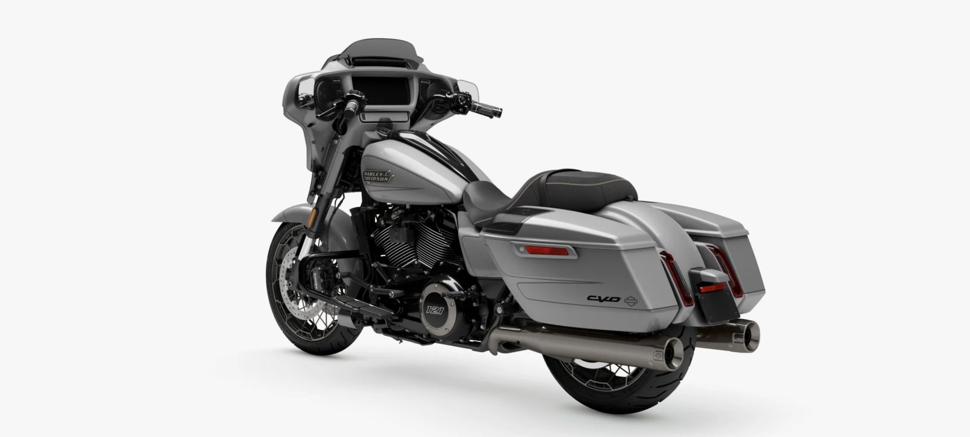 A back quarter view of Harley-Davidson’s 2023 Street Glide CVO motorcycle.