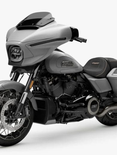 A front quarter view of Harley-Davidson’s 2023 Street Glide CVO motorcycle.