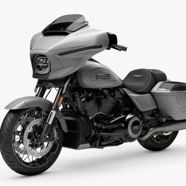 A front quarter view of Harley-Davidson’s 2023 Street Glide CVO motorcycle.