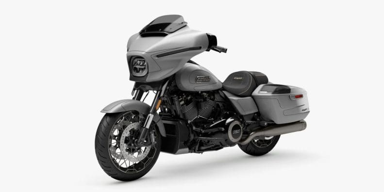 A front quarter view of Harley-Davidson’s 2023 Street Glide CVO motorcycle.