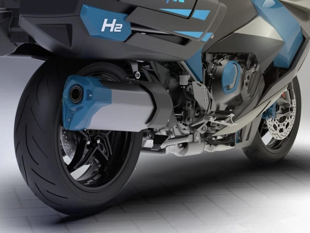A close-up of the back pannier of a Kawasaki H2 HySE motorcycle.