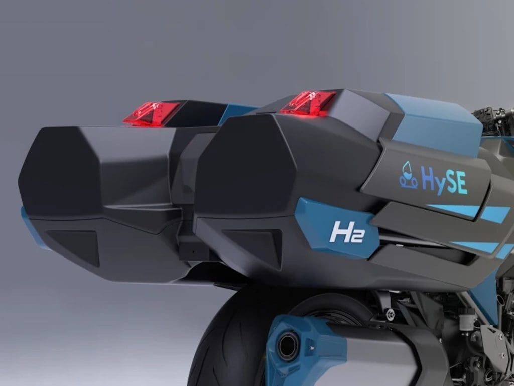 A close-up of the back pannier of a Kawasaki H2 HySE motorcycle.