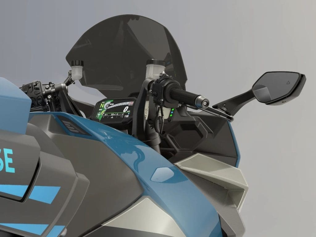 A close-up of the back windshield of Kawasaki's ready-to-ride H2 HySE hydrogen motorcycle.