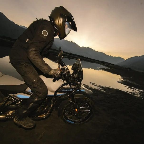 A rider on an adventure motorcycle.