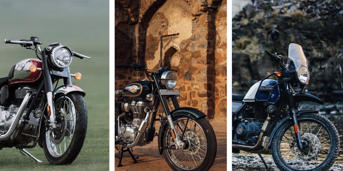 A picture of three Royal Enfield motorcycles.