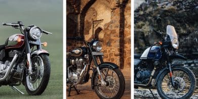A picture of three Royal Enfield motorcycles.