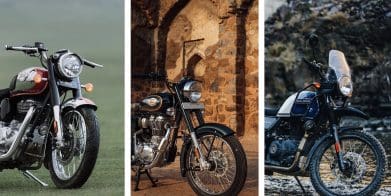 A picture of three Royal Enfield motorcycles.