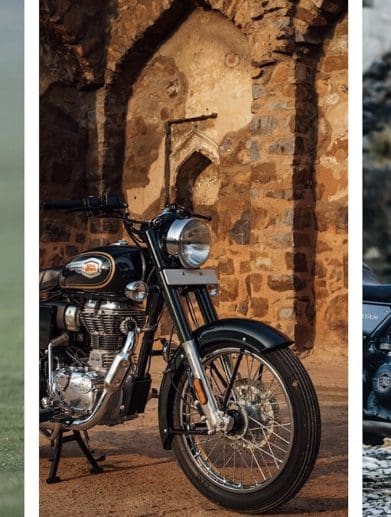 A picture of three Royal Enfield motorcycles.