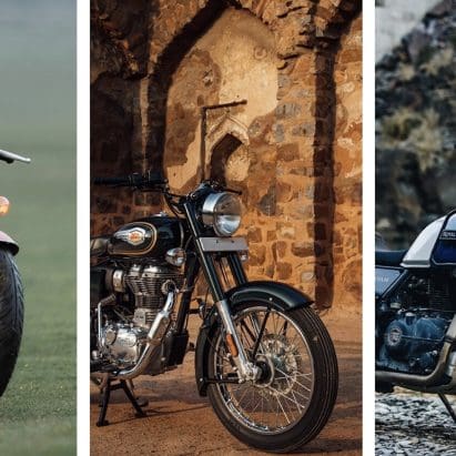 A picture of three Royal Enfield motorcycles.