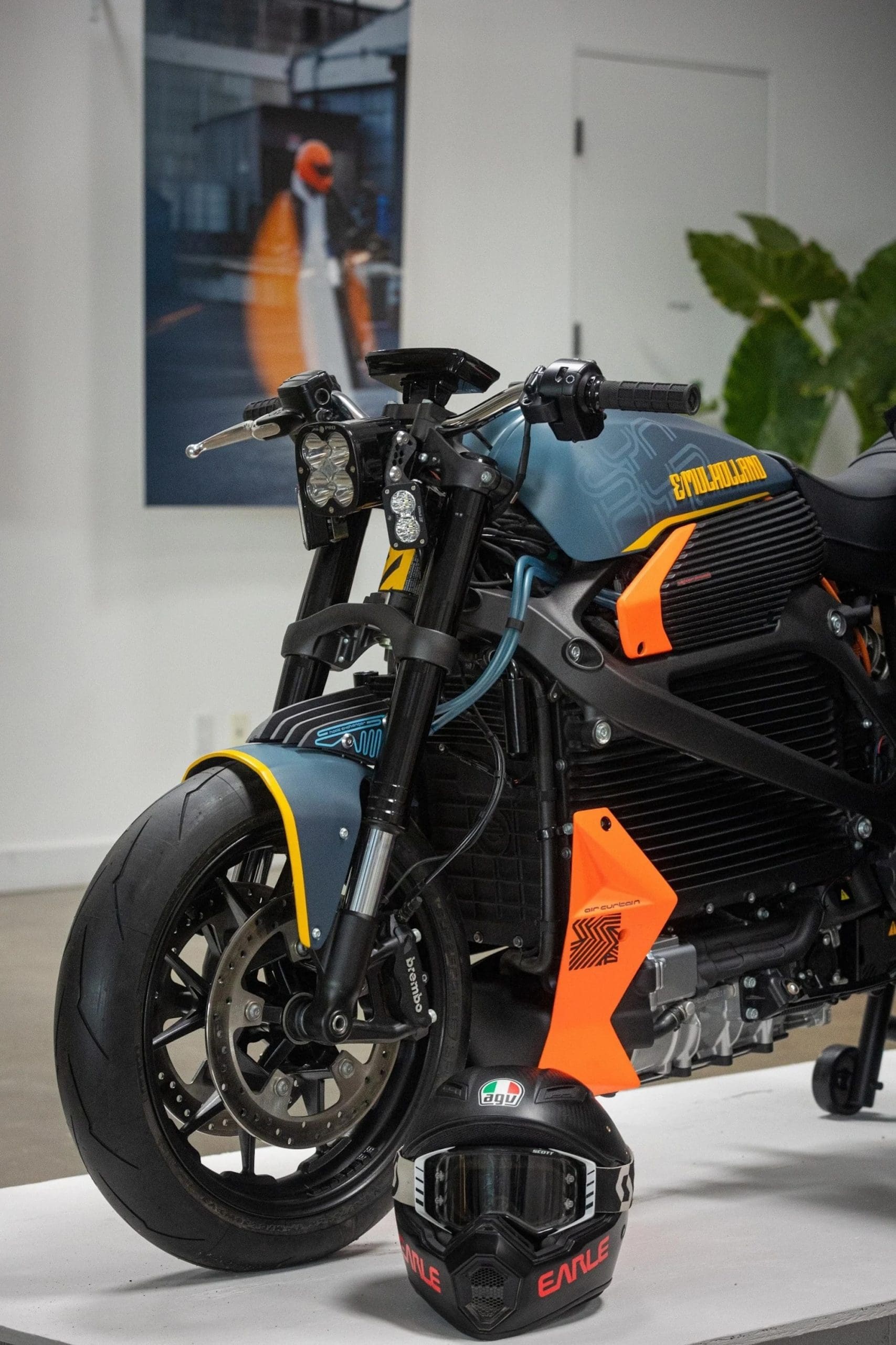 A front quarter view of a customized electric motorcycle.